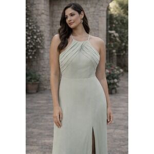 Azazie Sage Green Chiffon Halter Pleated Maxi Bridesmaid Dress A0 New